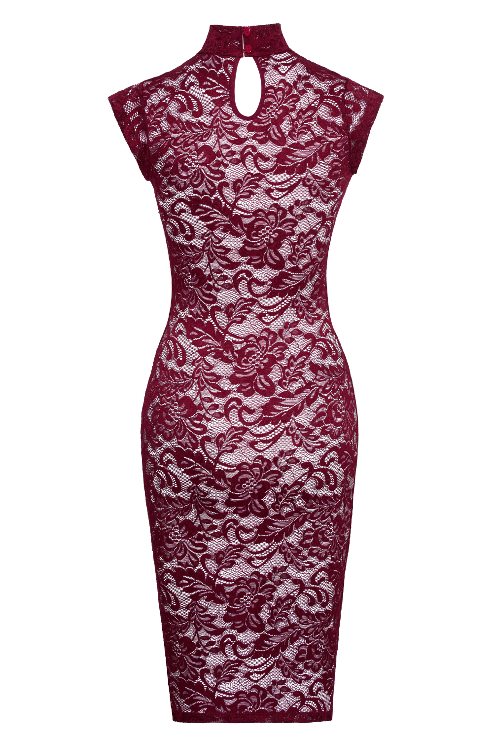 Burgundy Lace Midi Jurk met Hoge Hals