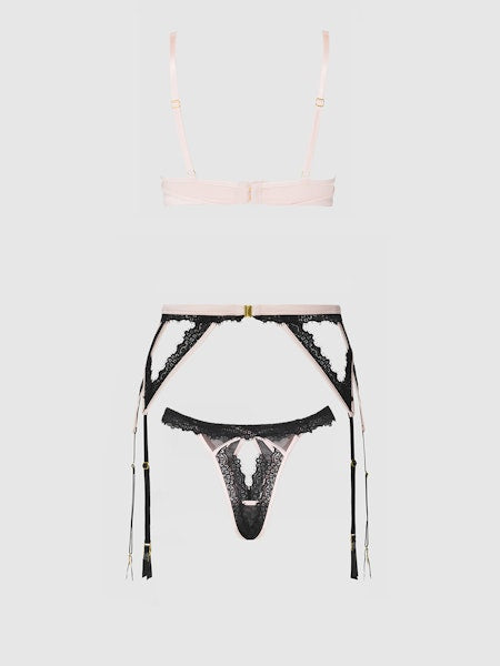 Jocelyn Luxe Satijnen & Kanten Push-Up Lingerieset (BH, Jarretelles & Tanga)