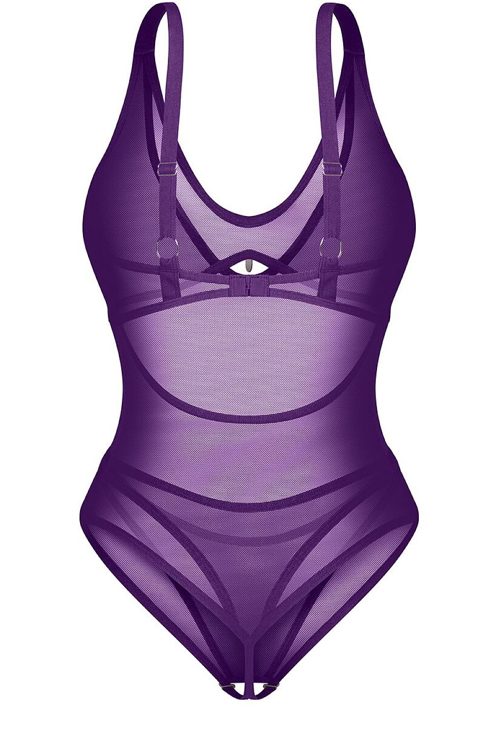 Vibres Bodysuit – Paarse Sensuele Mesh Body met Open Kruis