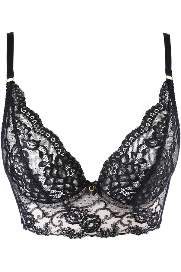 Zwarte Longline BH – Kanten Bustier met Geborduurde Details