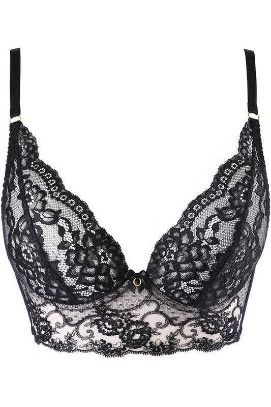 Zwarte Longline BH – Kanten Bustier met Geborduurde Details