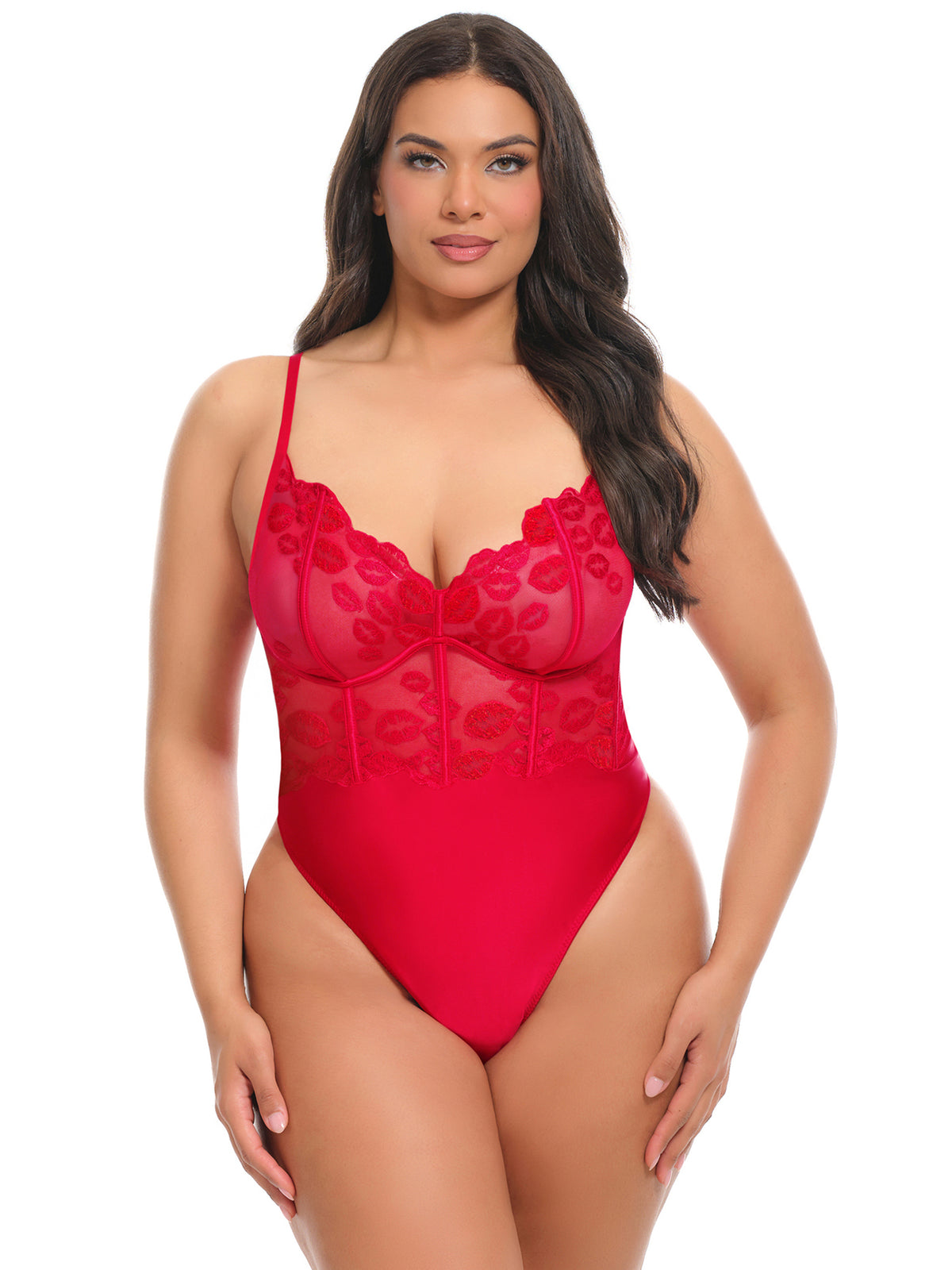 Amora Bodysuit – Rode Soft Cup Body met Lippenborduursel