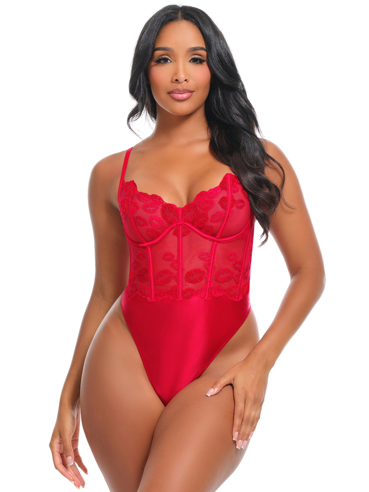 Amora Bodysuit – Rode Soft Cup Body met Lippenborduursel