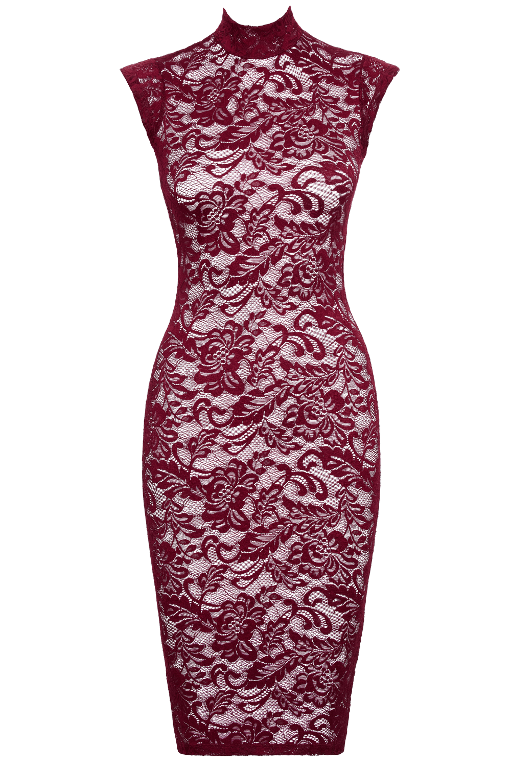 Burgundy Lace Midi Jurk met Hoge Hals