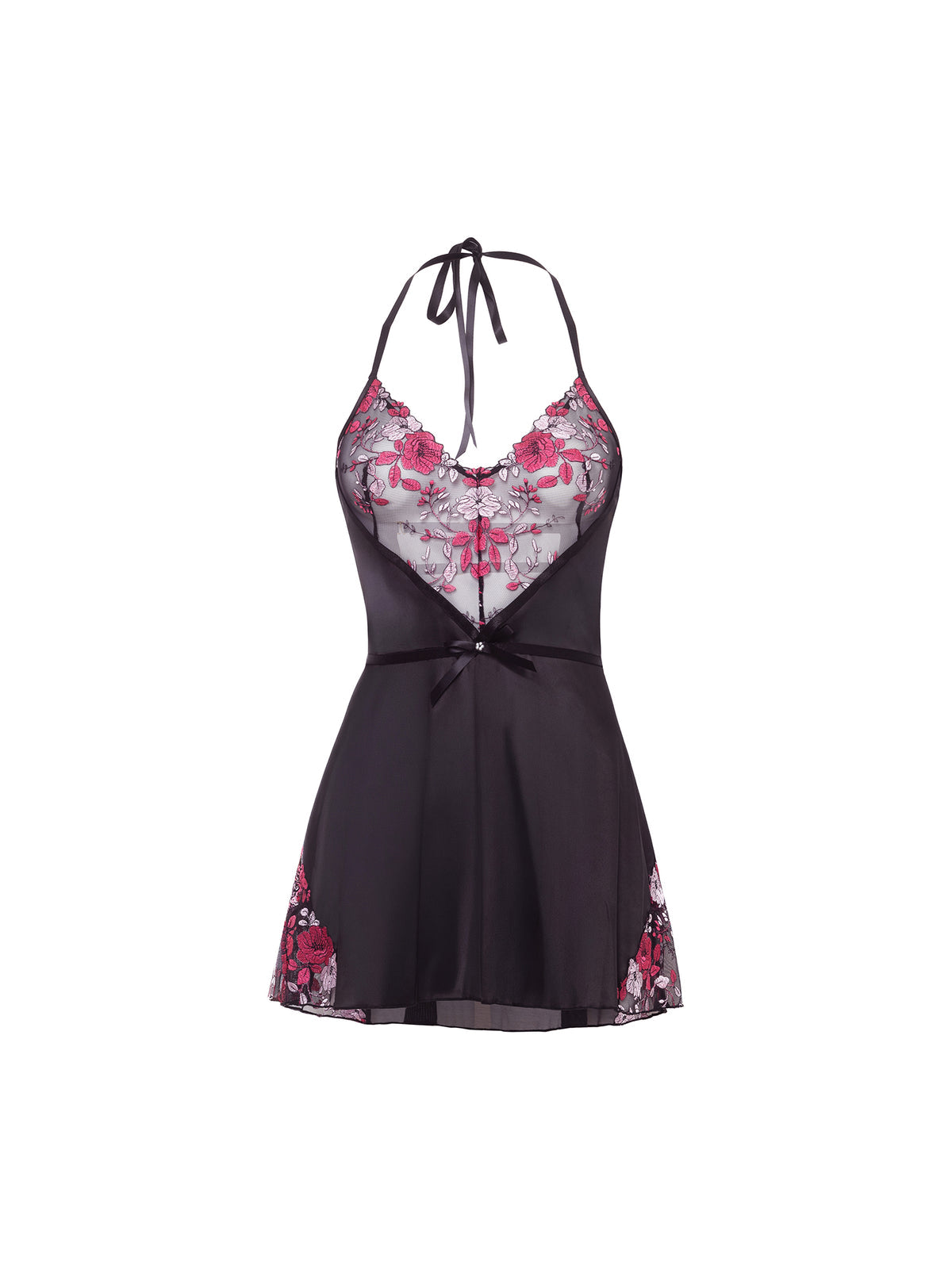 Fleur Chemise – Zwart Satijn met Roze Rozenborduurwerk