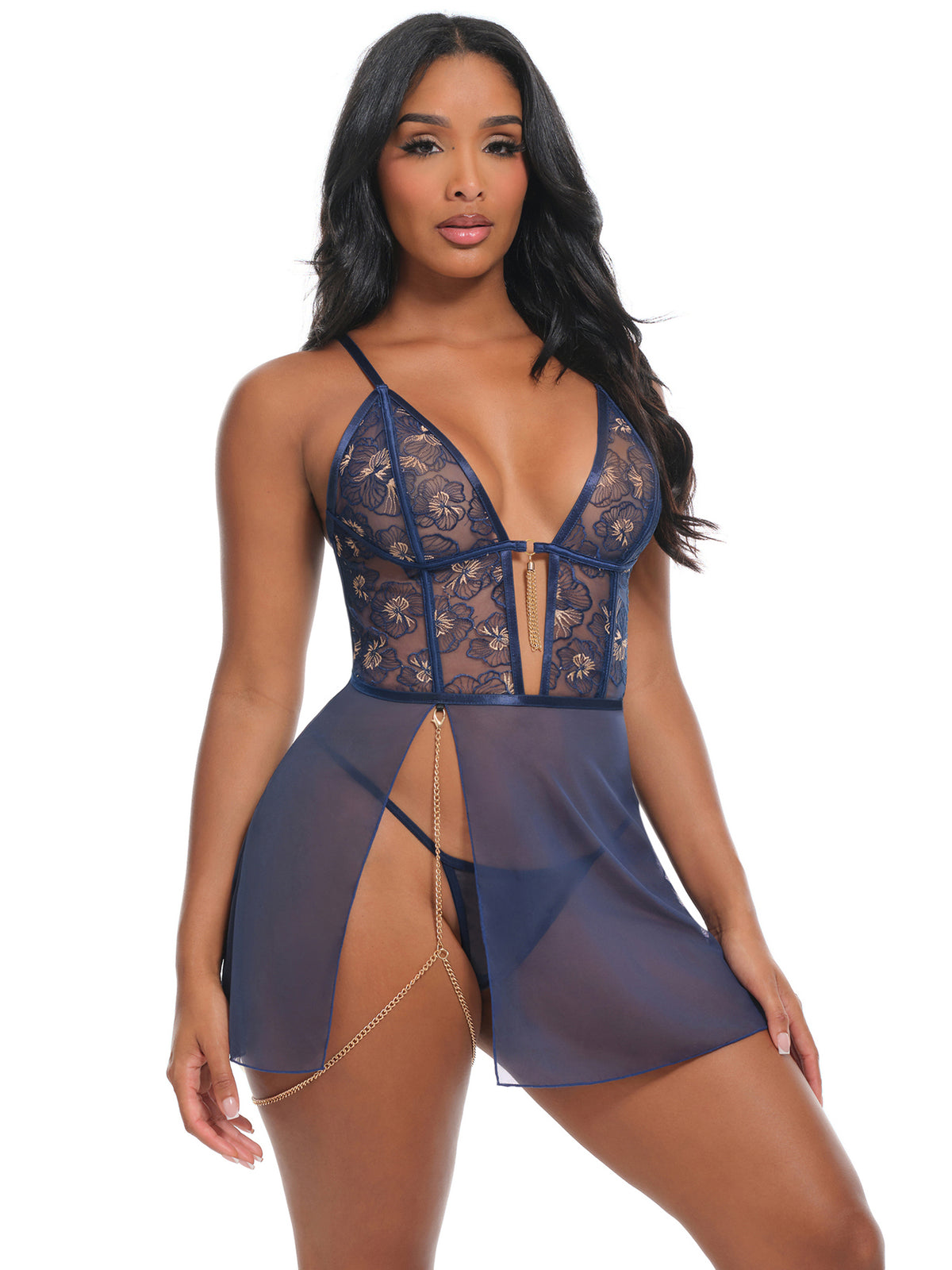 Blue Chemise – Luxe Transparante Lingeriejurk met Geborduurd Kant & G-String
