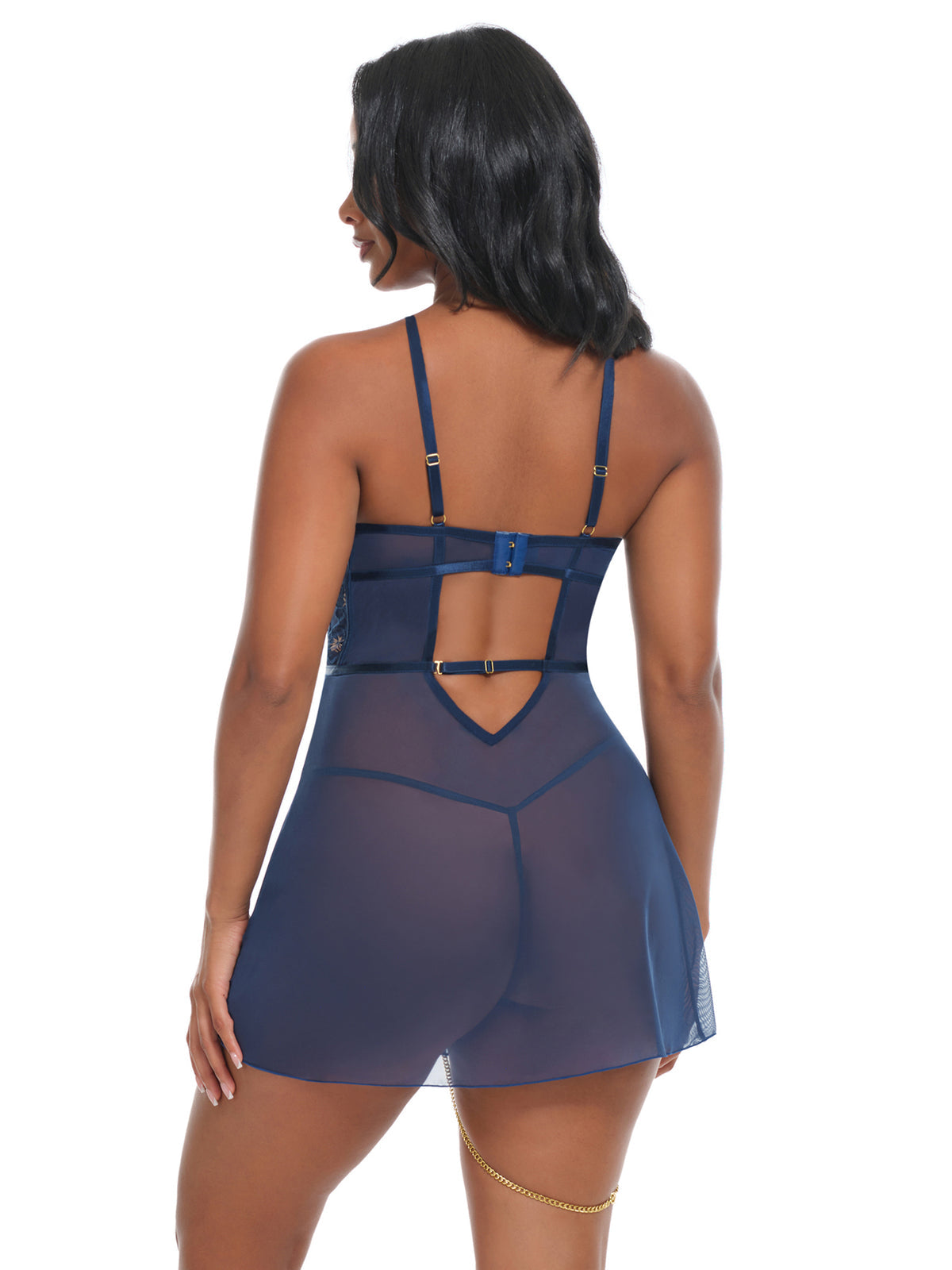 Blue Chemise – Luxe Transparante Lingeriejurk met Geborduurd Kant & G-String