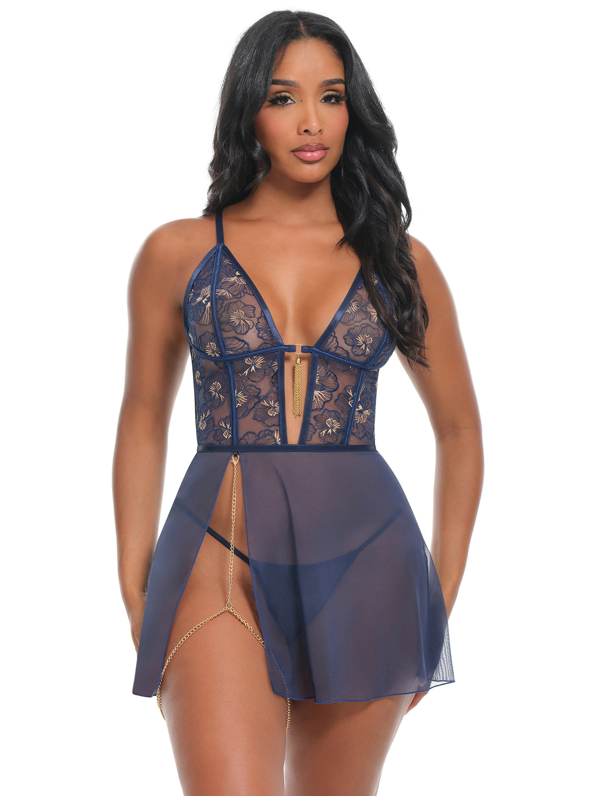 Blue Chemise – Luxe Transparante Lingeriejurk met Geborduurd Kant & G-String