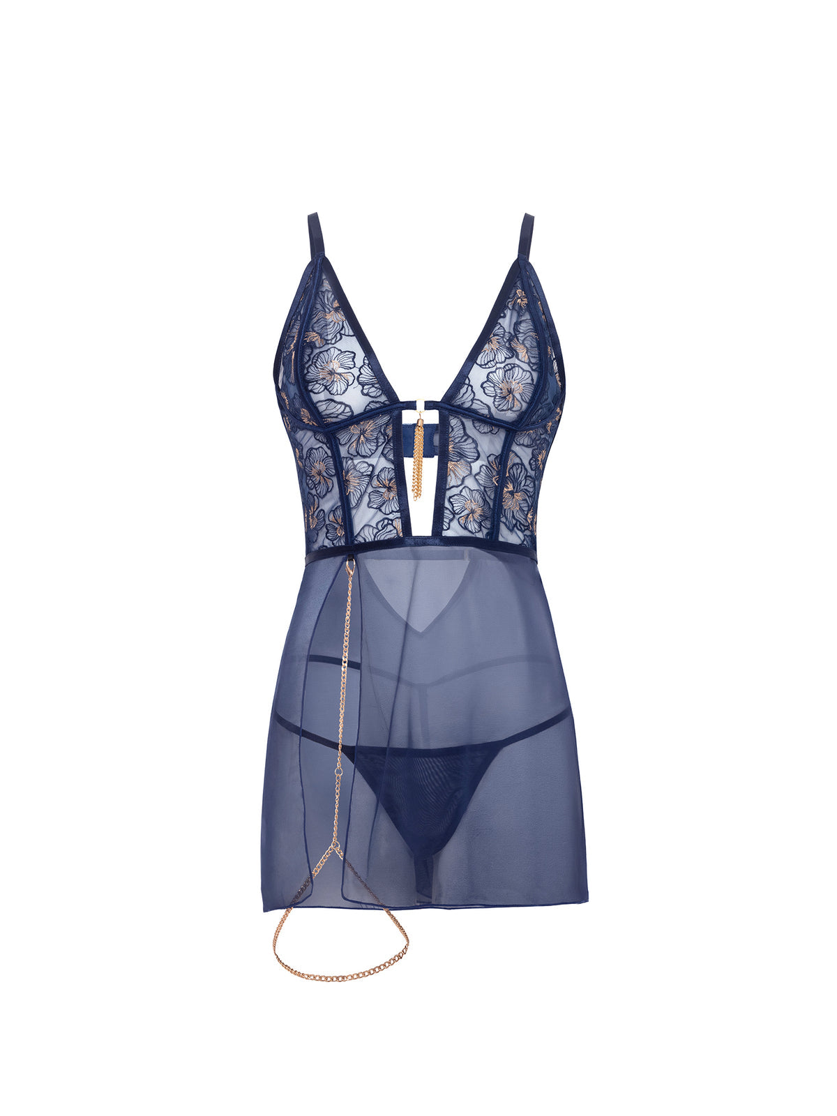 Blue Chemise – Luxe Transparante Lingeriejurk met Geborduurd Kant & G-String