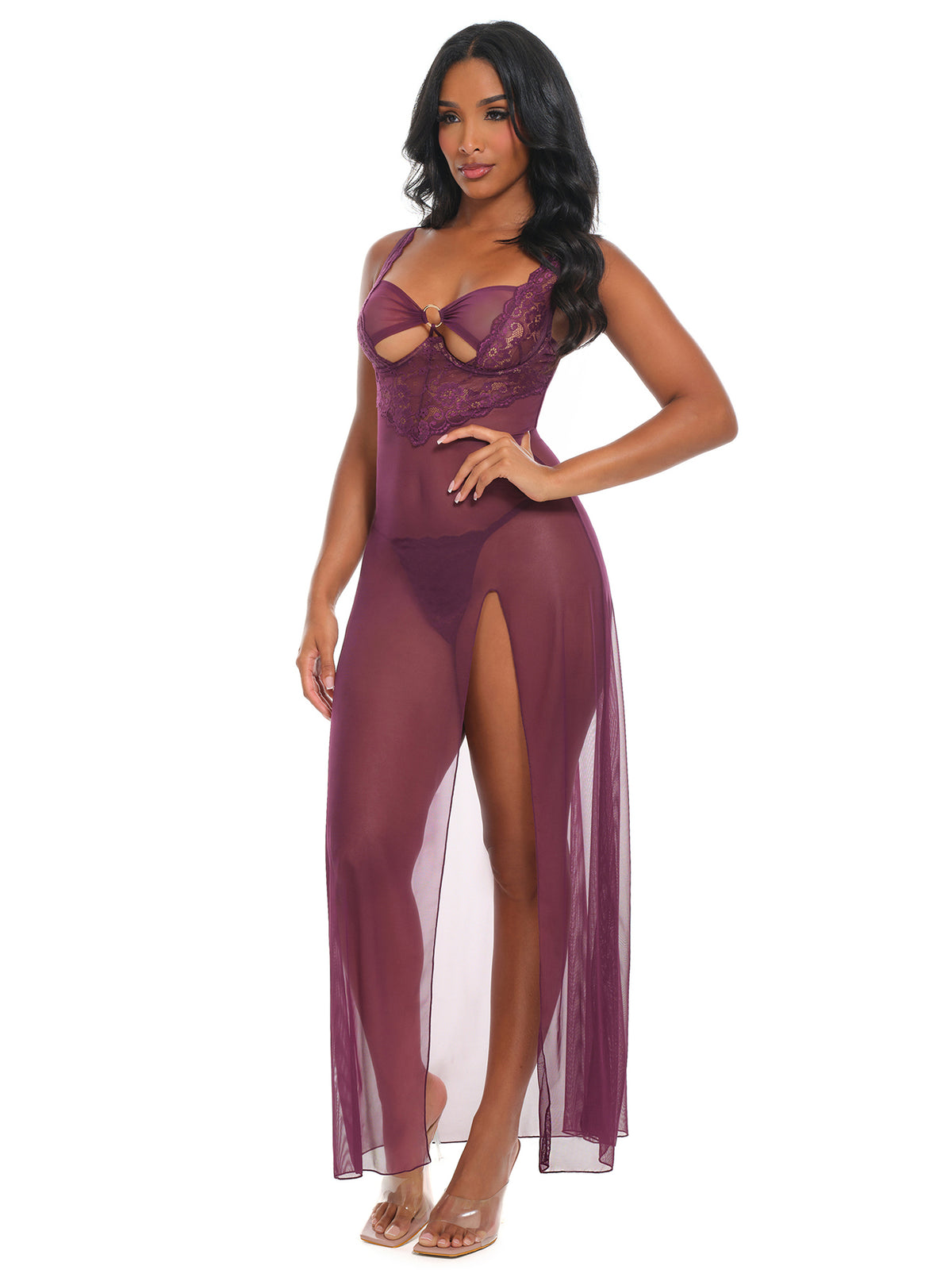 Antonella Long Dress – Transparante Lange Babydoll met Kant & String | Paars