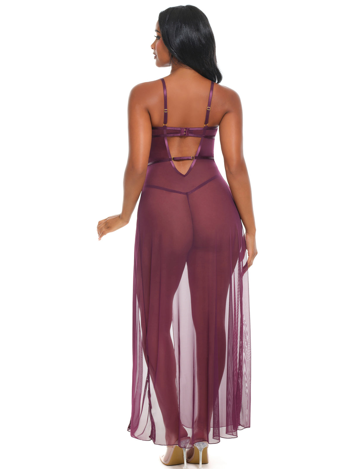 Antonella Long Dress – Transparante Lange Babydoll met Kant & String | Paars