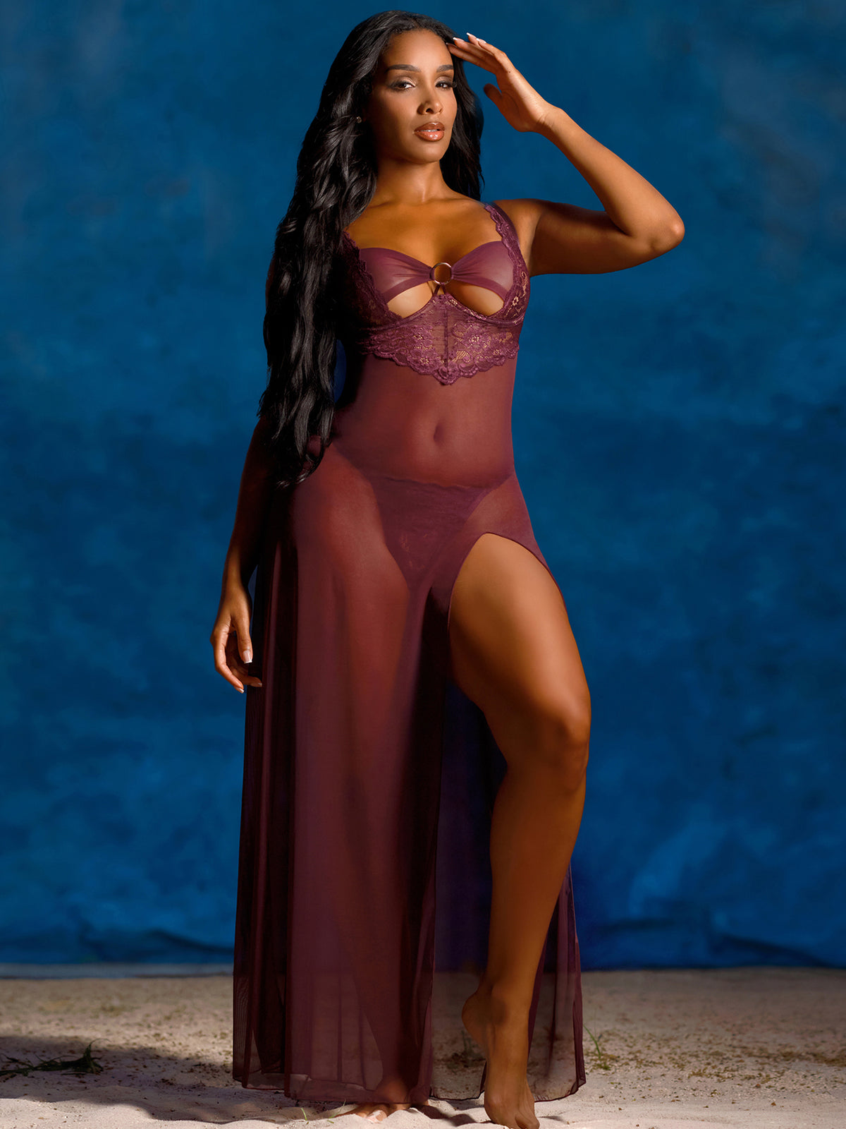 Antonella Long Dress – Transparante Lange Babydoll met Kant & String | Paars
