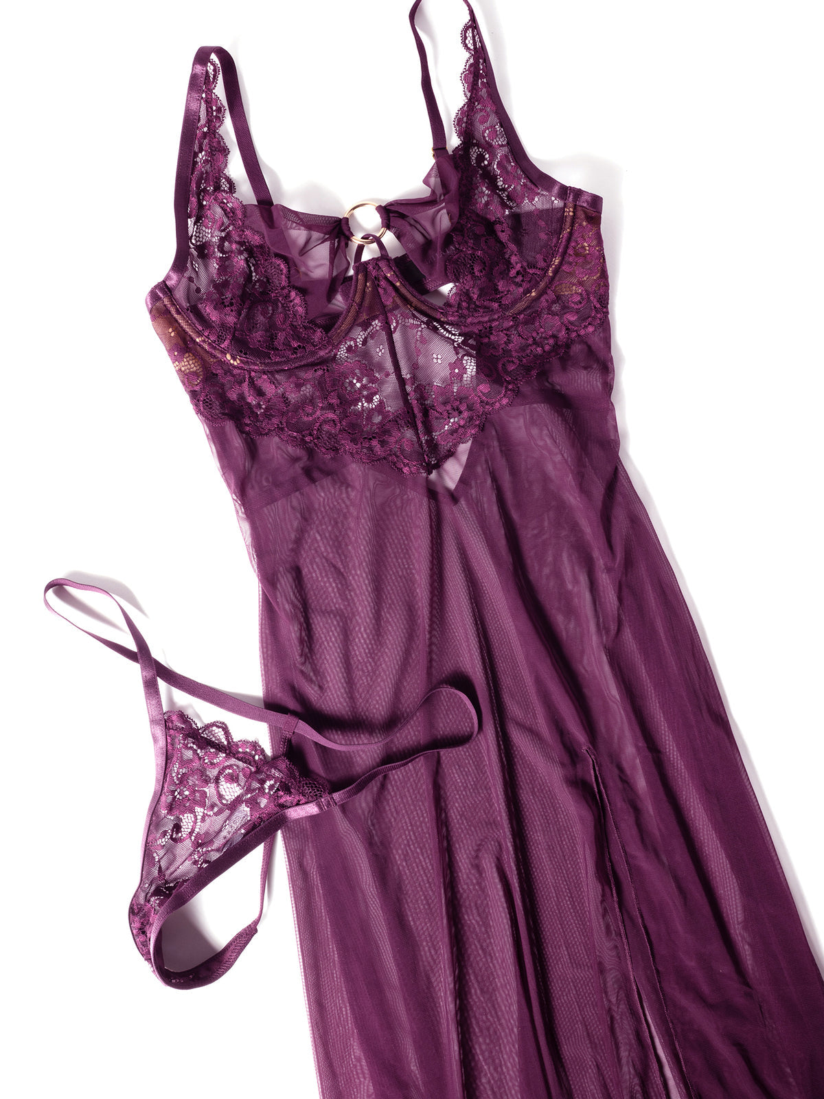 Antonella Long Dress – Transparante Lange Babydoll met Kant & String | Paars