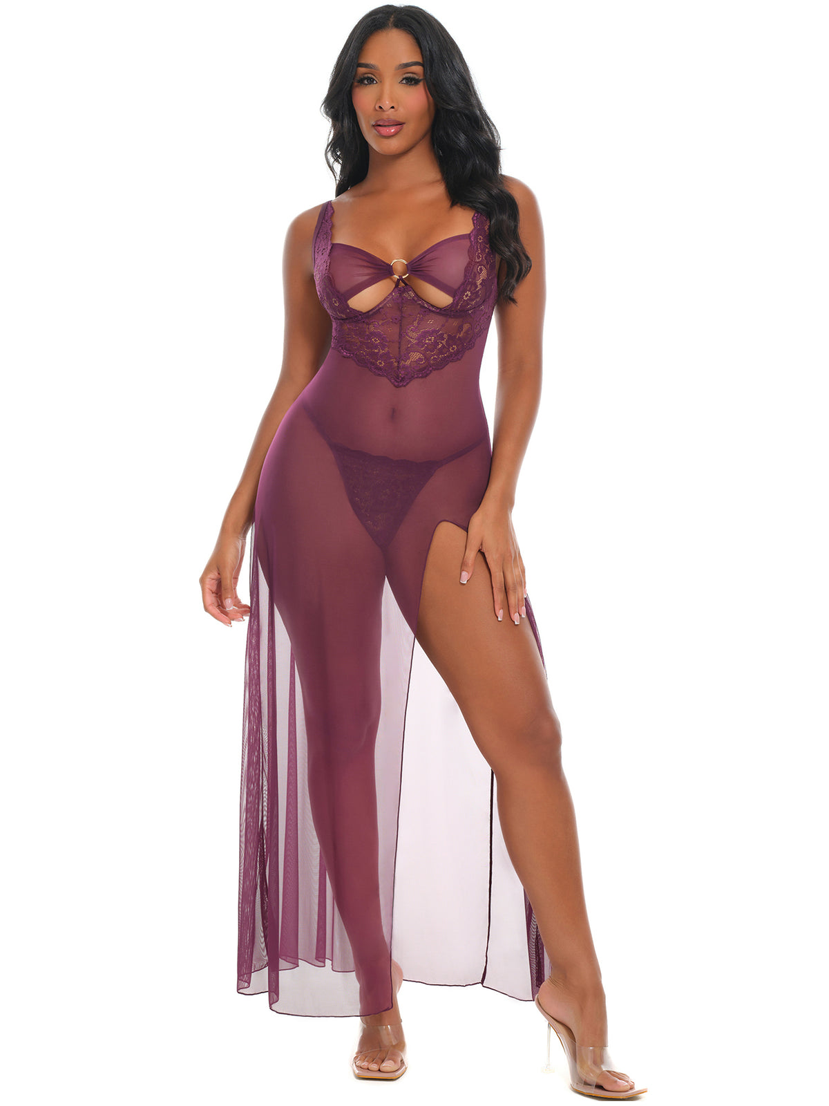Antonella Long Dress – Transparante Lange Babydoll met Kant & String | Paars