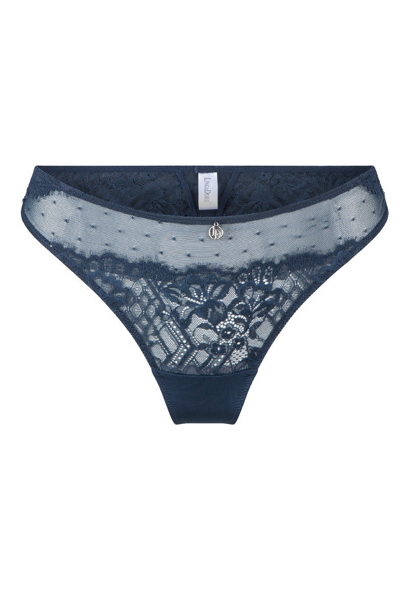 Midnight, Donkerblauwe Kanten String met Glansaccent & Hangertje