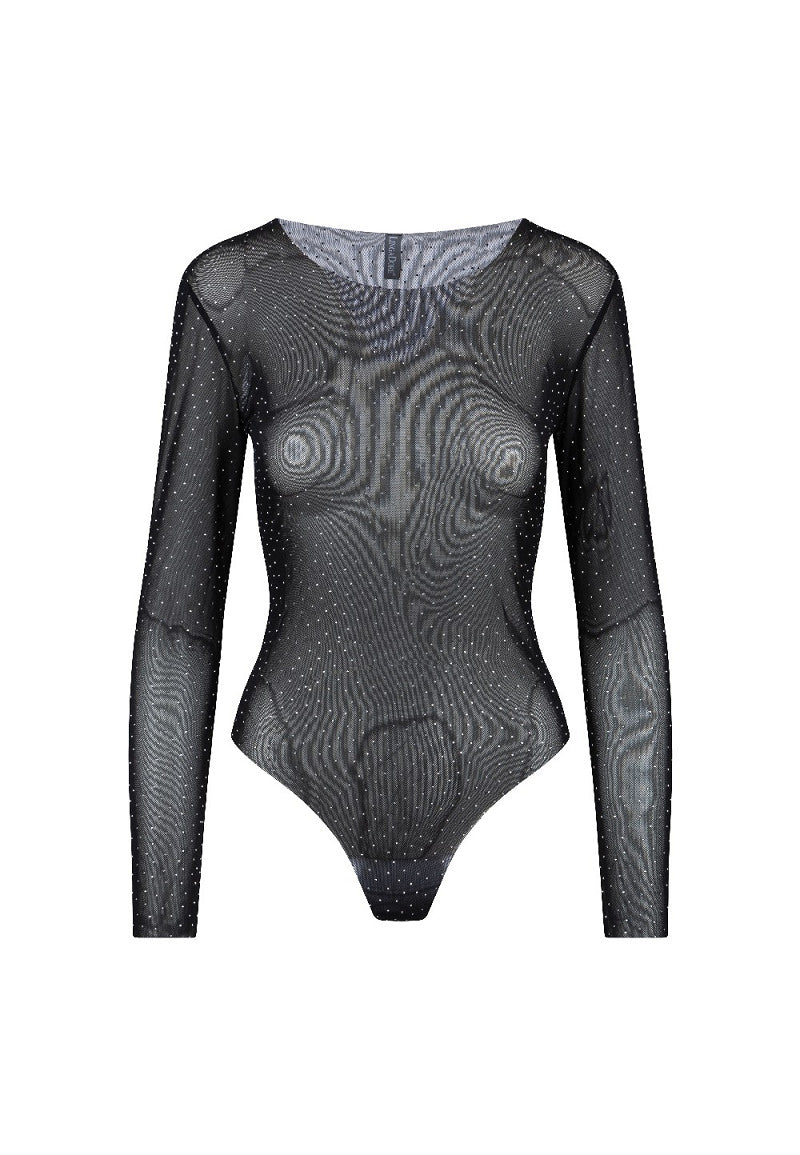 Sparkle Bodysuit – String Mesh Body met Kant & Lange Mouwen