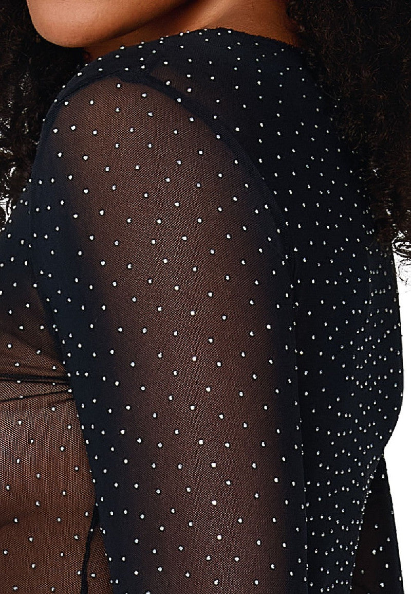 Sparkle Bodysuit – String Mesh Body met Kant & Lange Mouwen