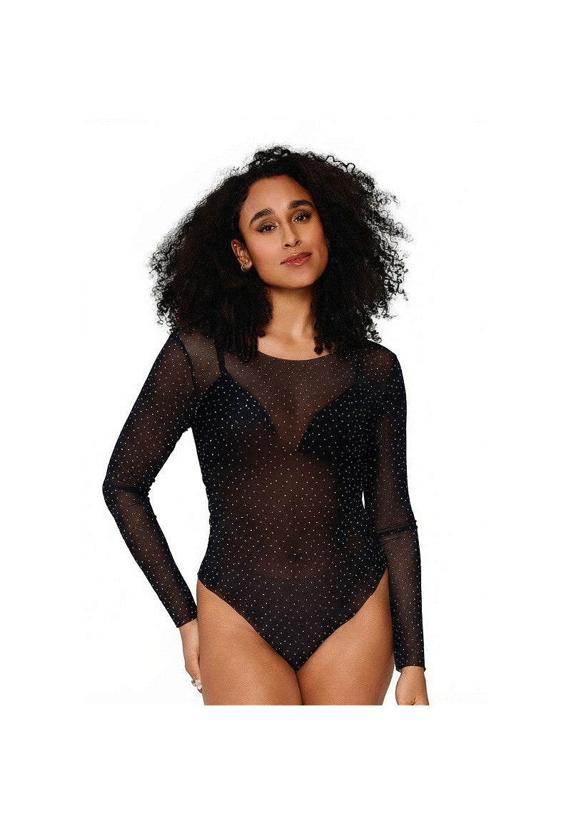 Sparkle Bodysuit – String Mesh Body met Kant & Lange Mouwen