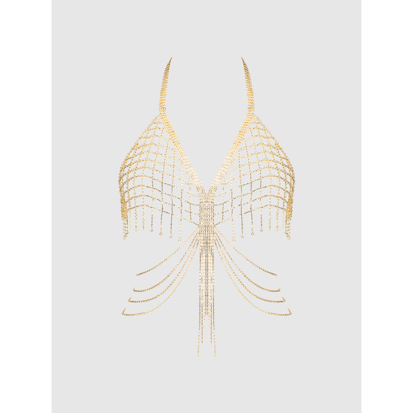 Rhinestone Net & Fringe Halter Bralette Chain, Sexy Festival Bralette met Strass en Open Cups