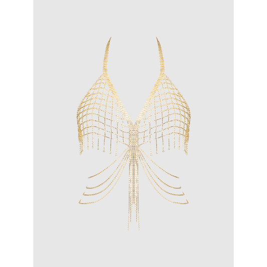 Rhinestone Net & Fringe Halter Bralette Chain, Sexy Festival Bralette met Strass en Open Cups