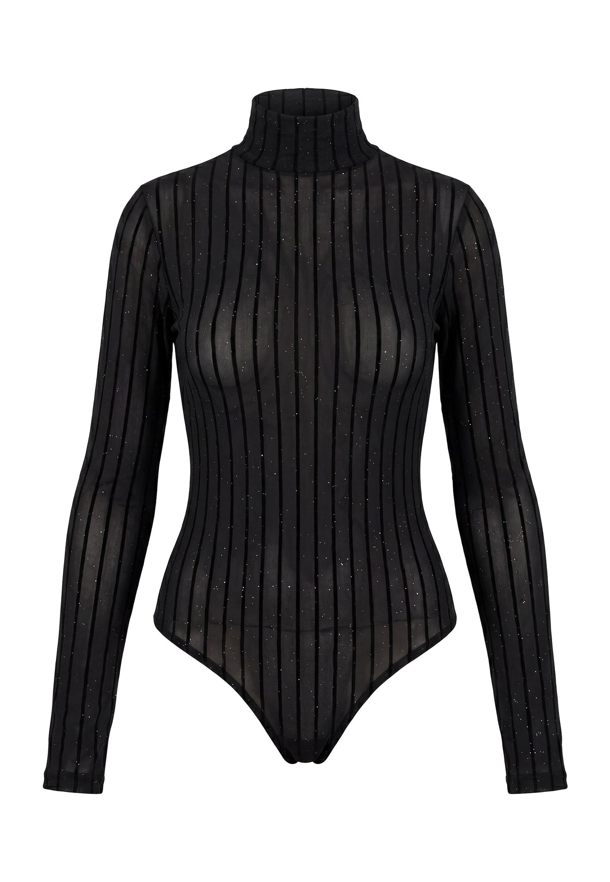 Zwarte Bodysuit – Transparante Body met Glitters en Verticale Strepen
