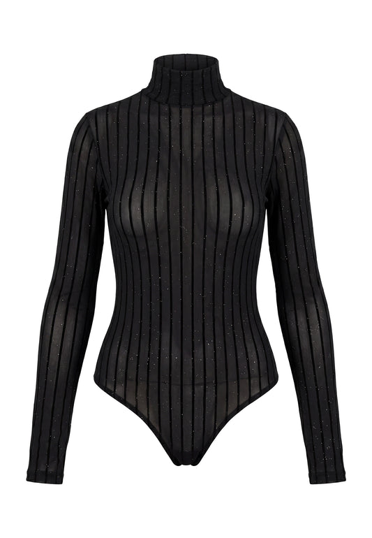 Zwarte Bodysuit – Transparante Body met Glitters en Verticale Strepen