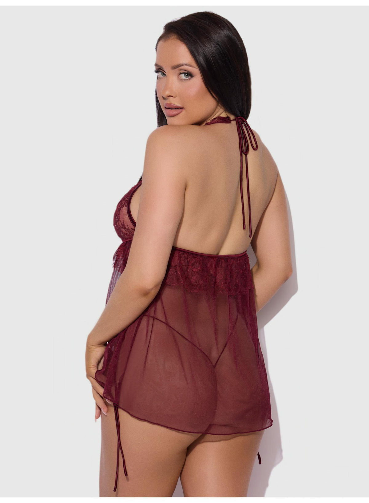 Liliana 2-delige Babydollset – Blauw of Burgundy met Kant en Mesh, inclusief Plus Size
