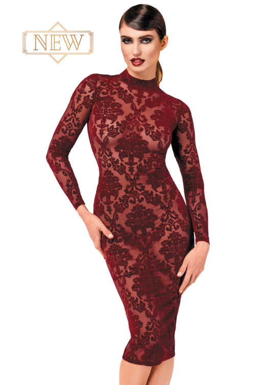Kink Royal Midi Dress – Sensuele Klasse in Burgundy Flocked Tule