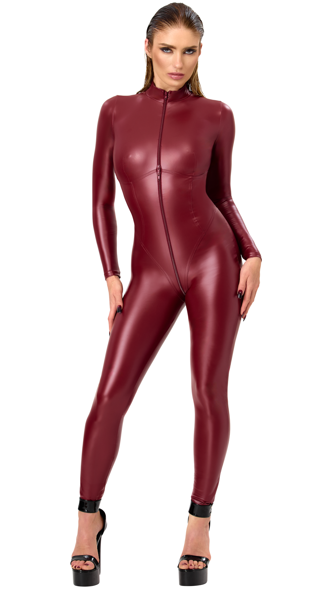 Dark Romance Wetlook Catsuit – Bordeaux Powerwetlook met 3-Weg Rits