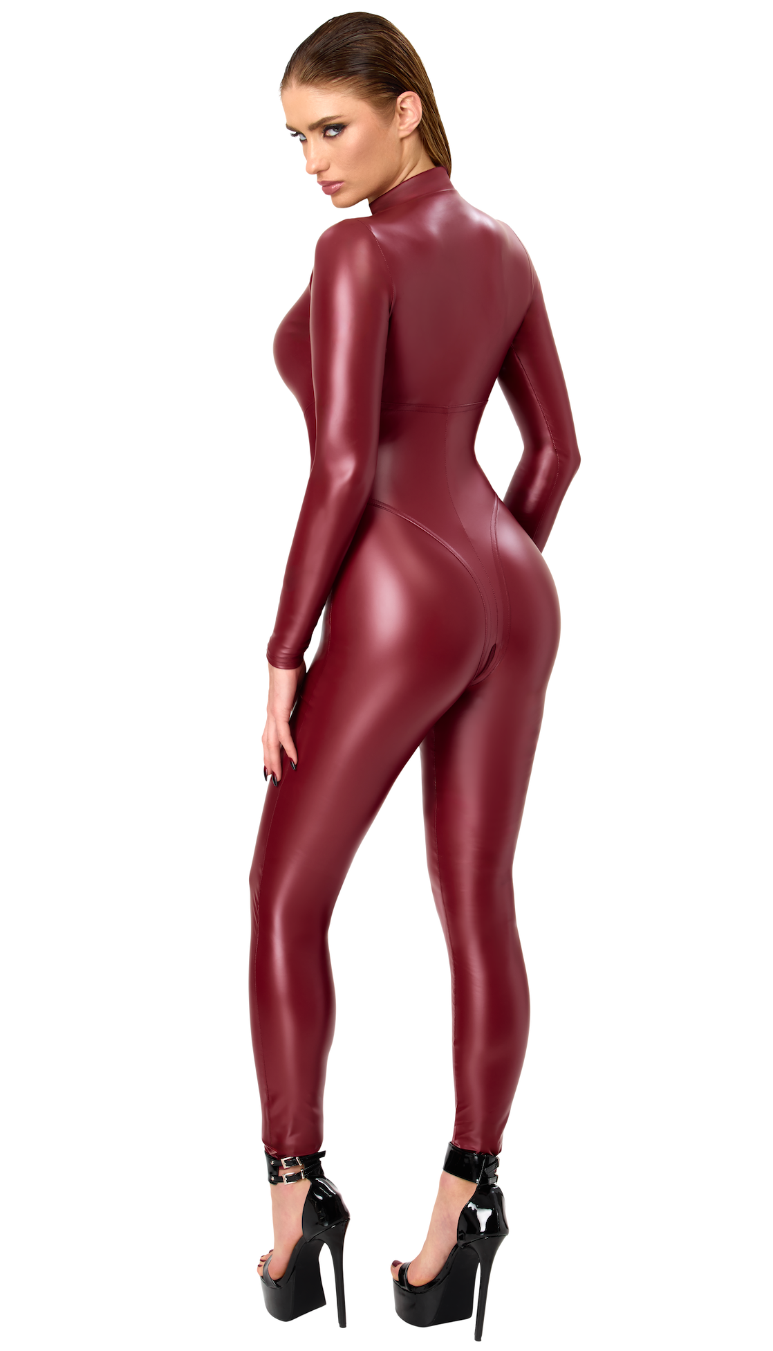 Dark Romance Wetlook Catsuit – Bordeaux Powerwetlook met 3-Weg Rits