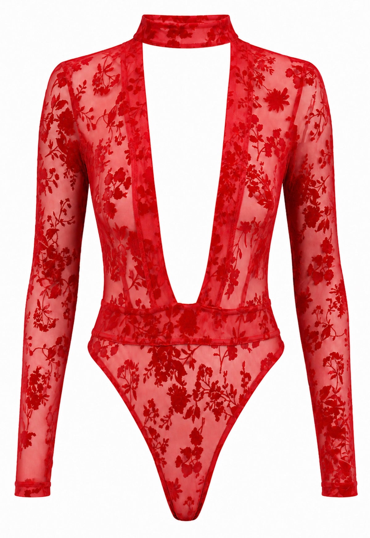 Lovebite Bodysuit – Rode Transparante Flocked Tulle met Diepe V-hals