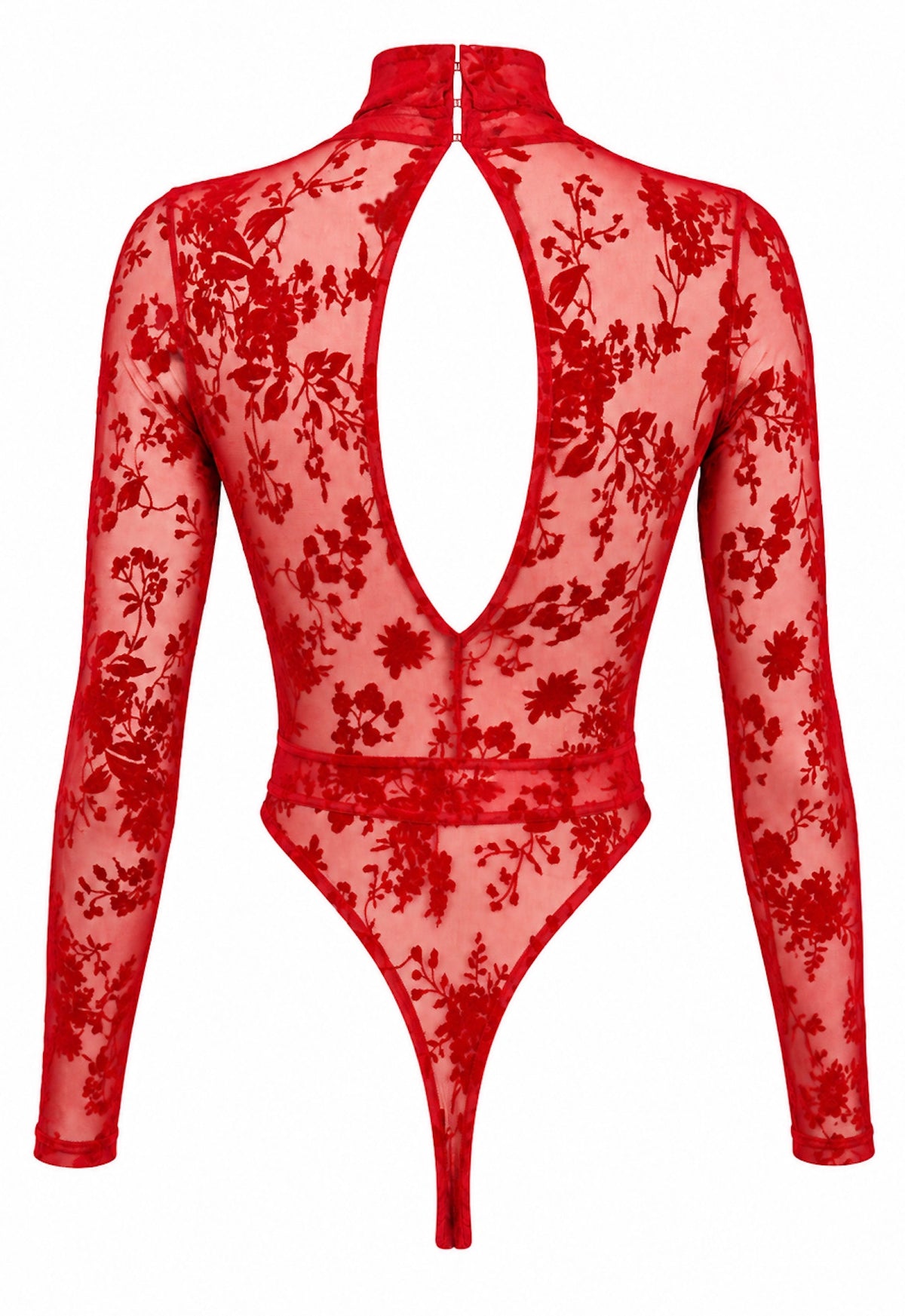Lovebite Bodysuit – Rode Transparante Flocked Tulle met Diepe V-hals