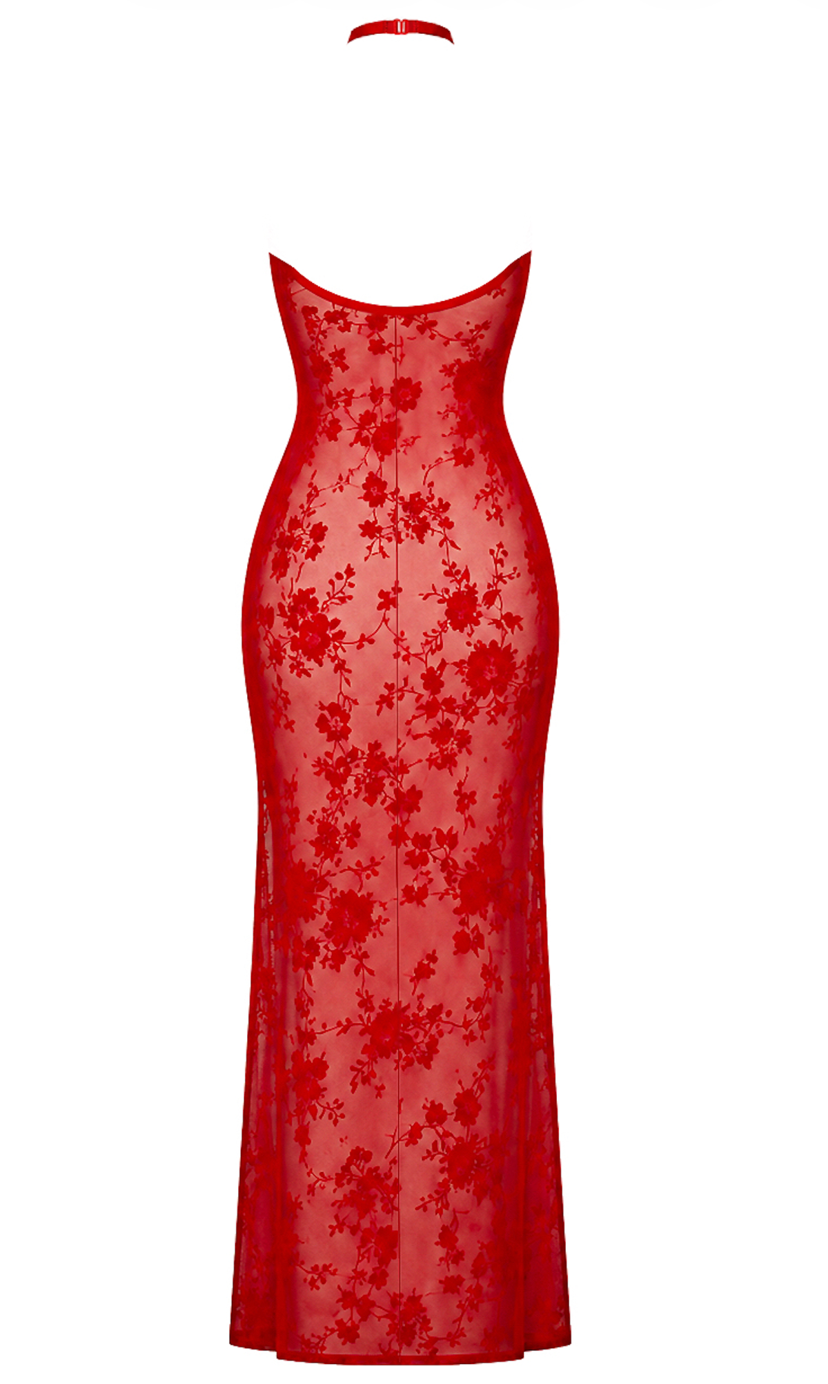 Plaything Rode Maxi Jurk – Transparante Flocked Tulle met Hoge Split