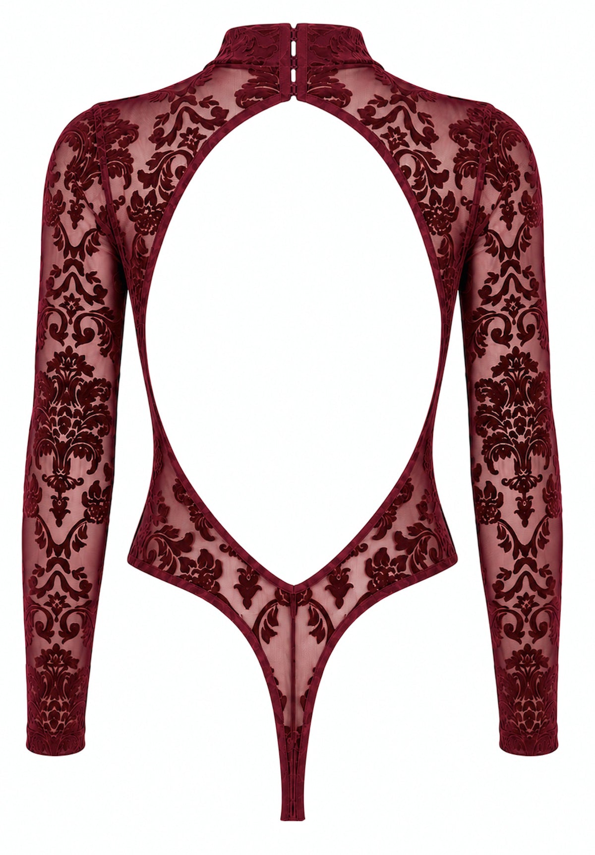 Masquerade Bodysuit – Bordeauxrode Kantenlook Body met Lange Mouwen en Open Rug