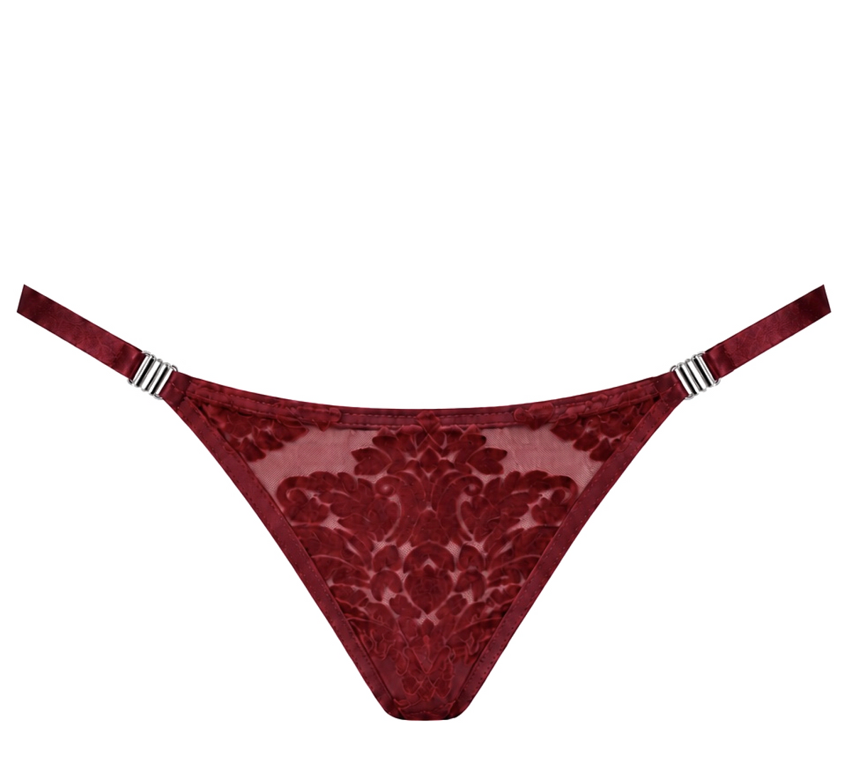 Masquerade Thong – Bordeauxrode Flock Tule String met Zilverkleurige Details
