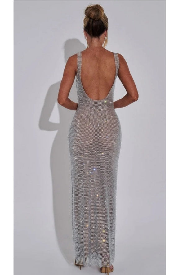 Regine Glitter Mesh Maxi-jurk – Lange Transparante Avondjurk in Zilver, Zwart, Rood en Goud