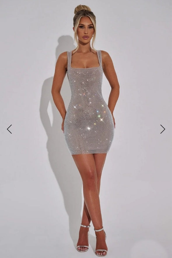 Regine Glitter Mesh Mini-jurk – Korte Transparante Avondjurk in Zilver, Zwart, Rood en Goud (kopie)