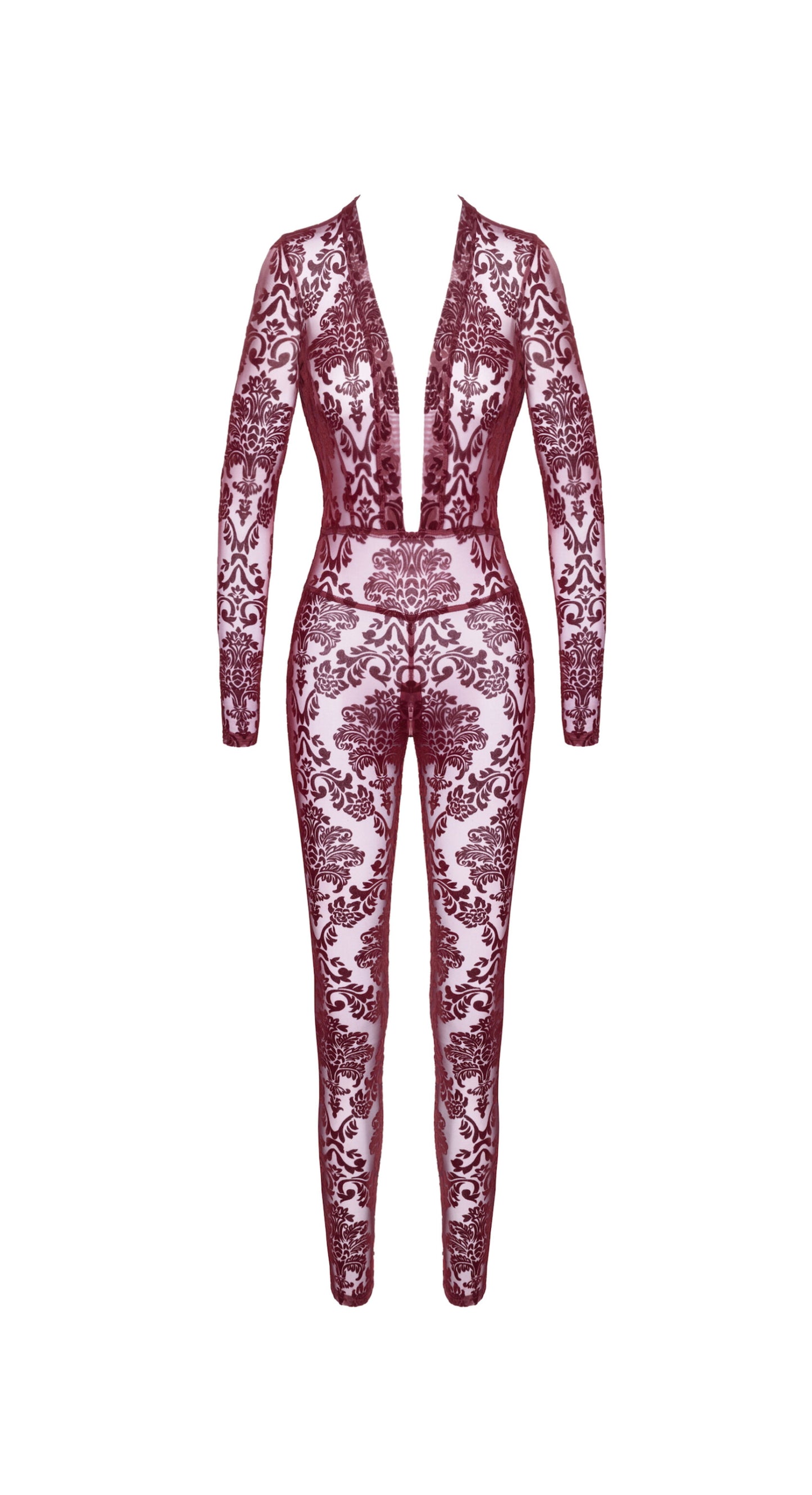 Kink Royal Burgundy Flocked Tule Jumpsuit – Pure Luxe en Sensuele Kracht