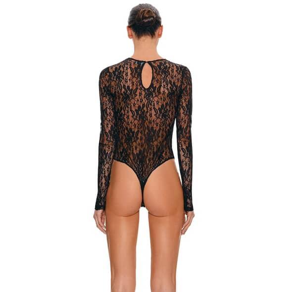 Liva, Zwart Kanten High-Cut Bodysuit – Transparante Kanten Body met Lange Mouwen
