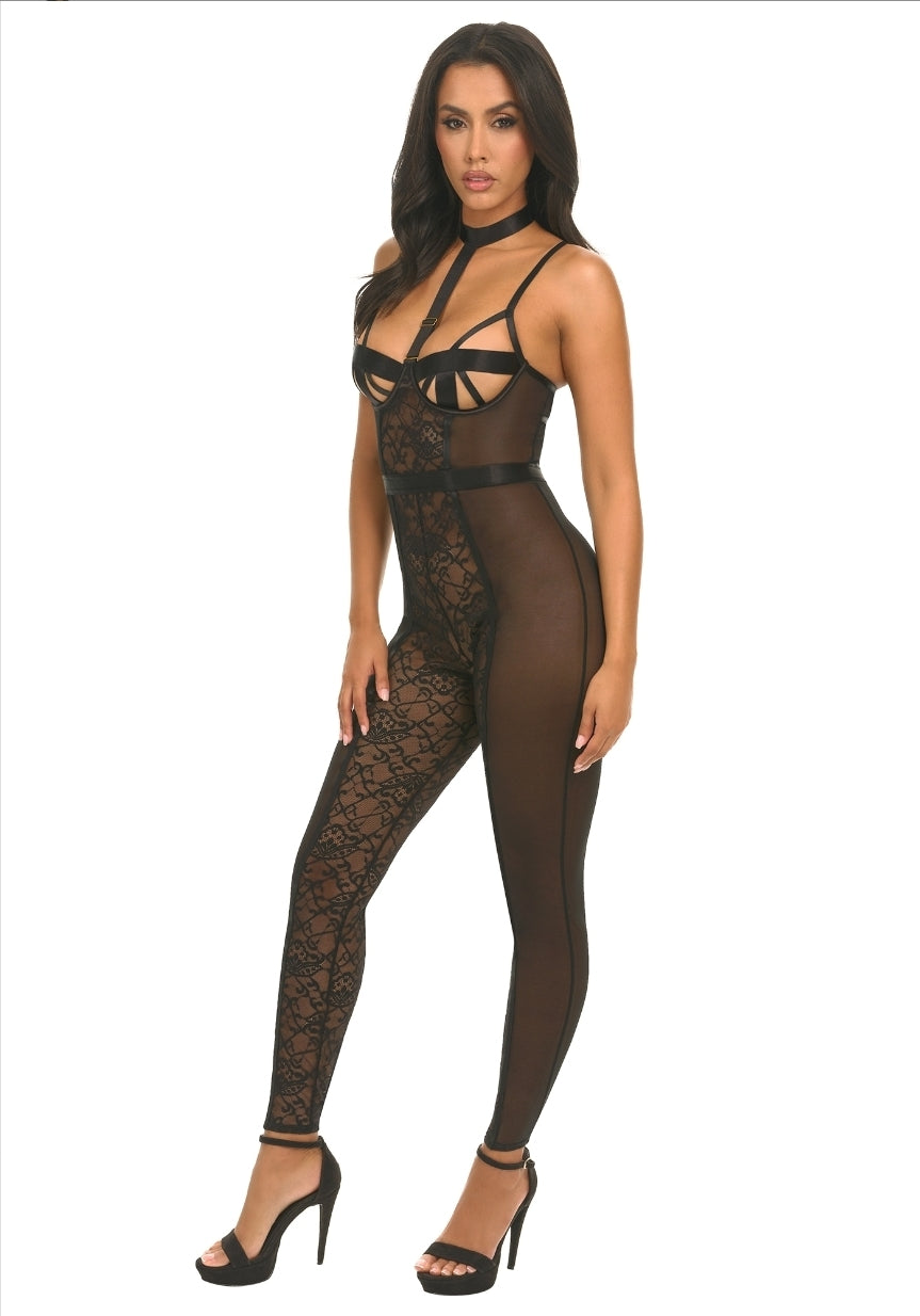Sia Catsuit – Sensationele luxe catsuitvan kant, mesh en met choker