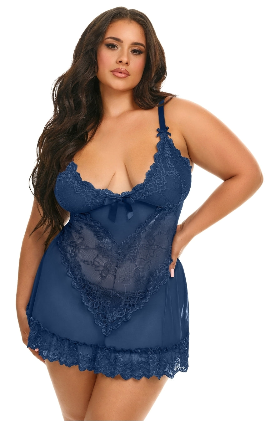 Valentine Lace Babydoll met String, diverse kleuren, inclusief Plus Size