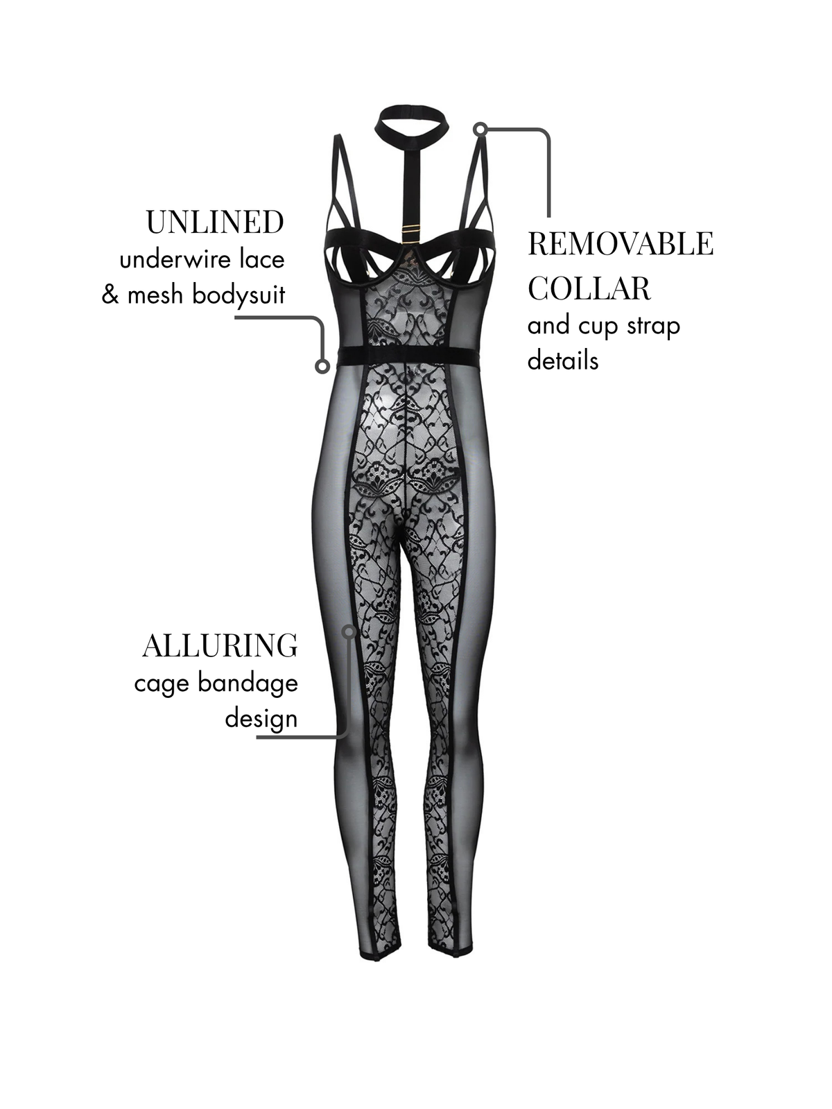 Sia Catsuit – Sensationele luxe catsuitvan kant, mesh en met choker