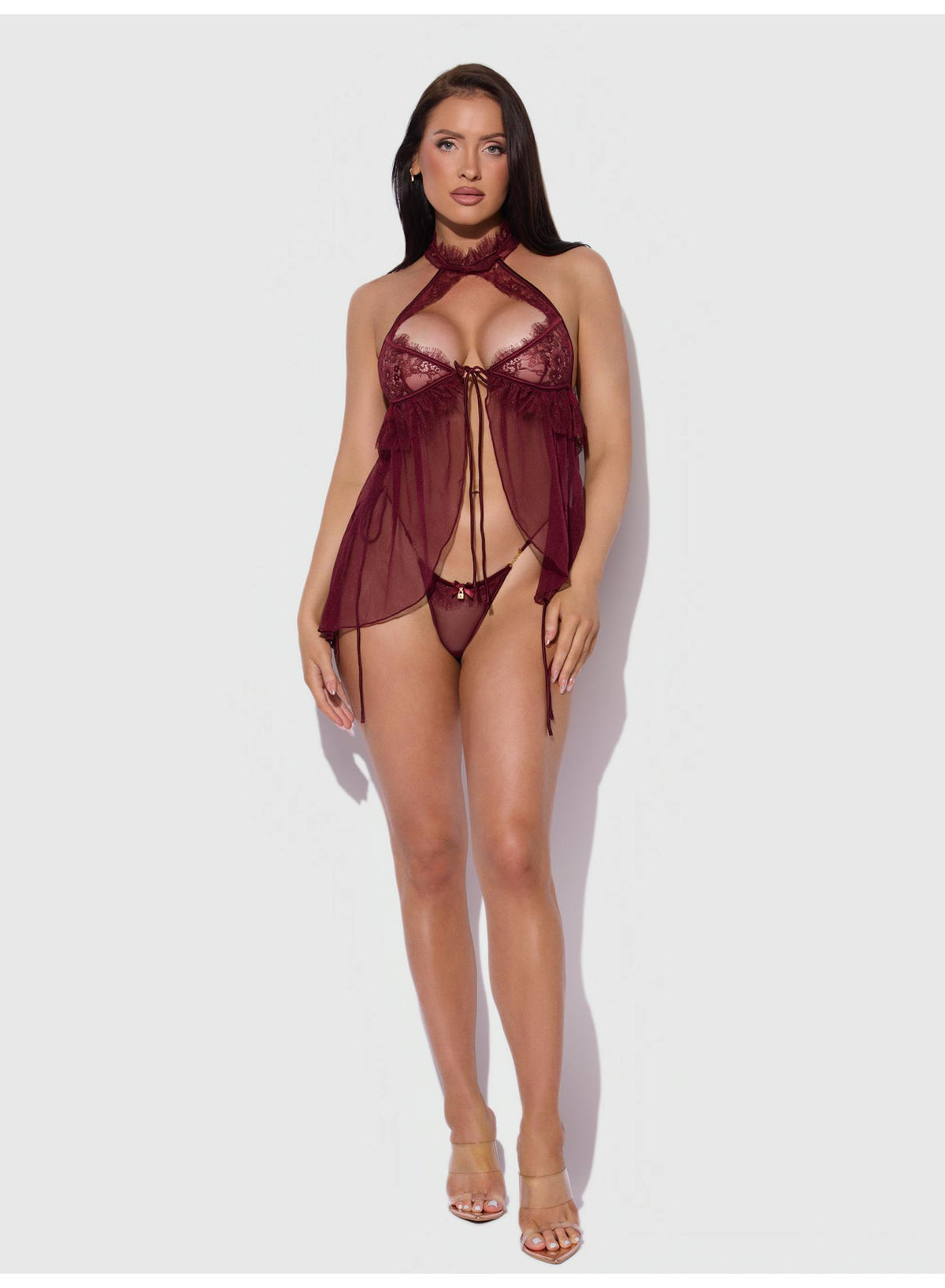 Liliana 2-delige Babydollset – Blauw of Burgundy met Kant en Mesh, inclusief Plus Size
