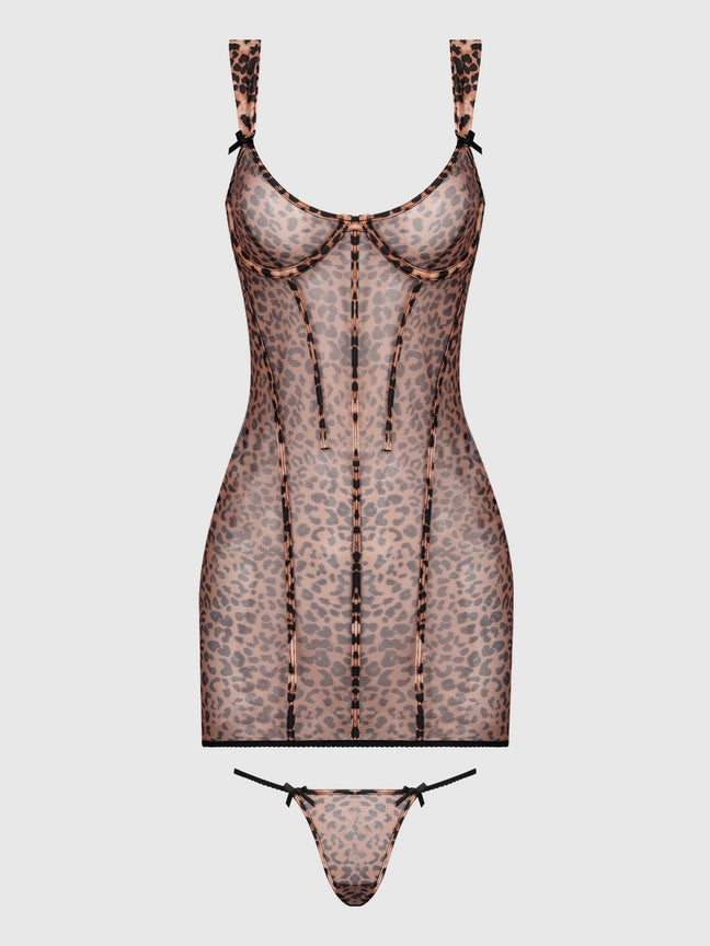 Alia Leopard Mesh Chemise en G-String Set