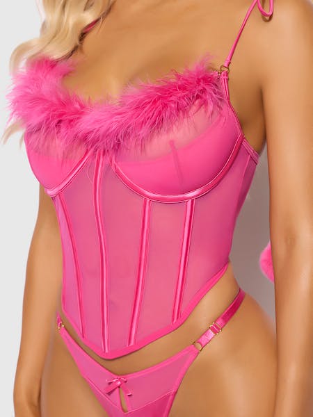 Marilyn Marabou Mesh Corset Set – Fuchsia, inclusief Plus size