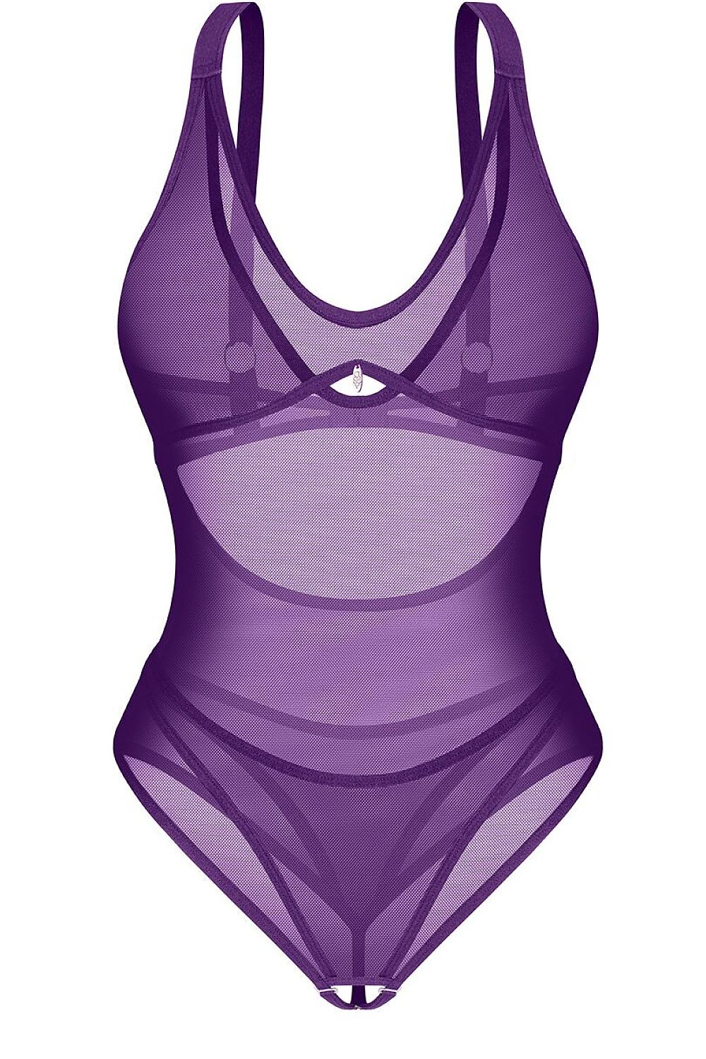 Vibres Bodysuit – Paarse Sensuele Mesh Body met Open Kruis