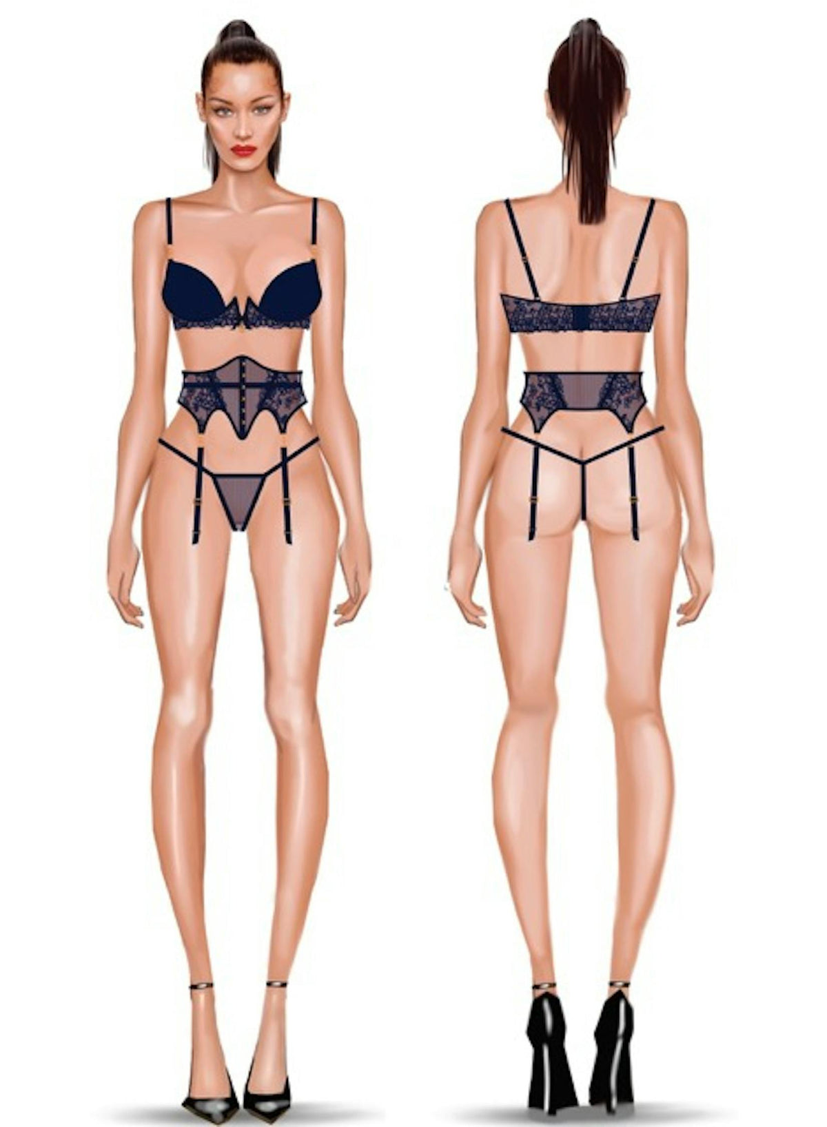 Liliana 3-delige Lingerieset – Blauw met Kant en Jarretelgordel