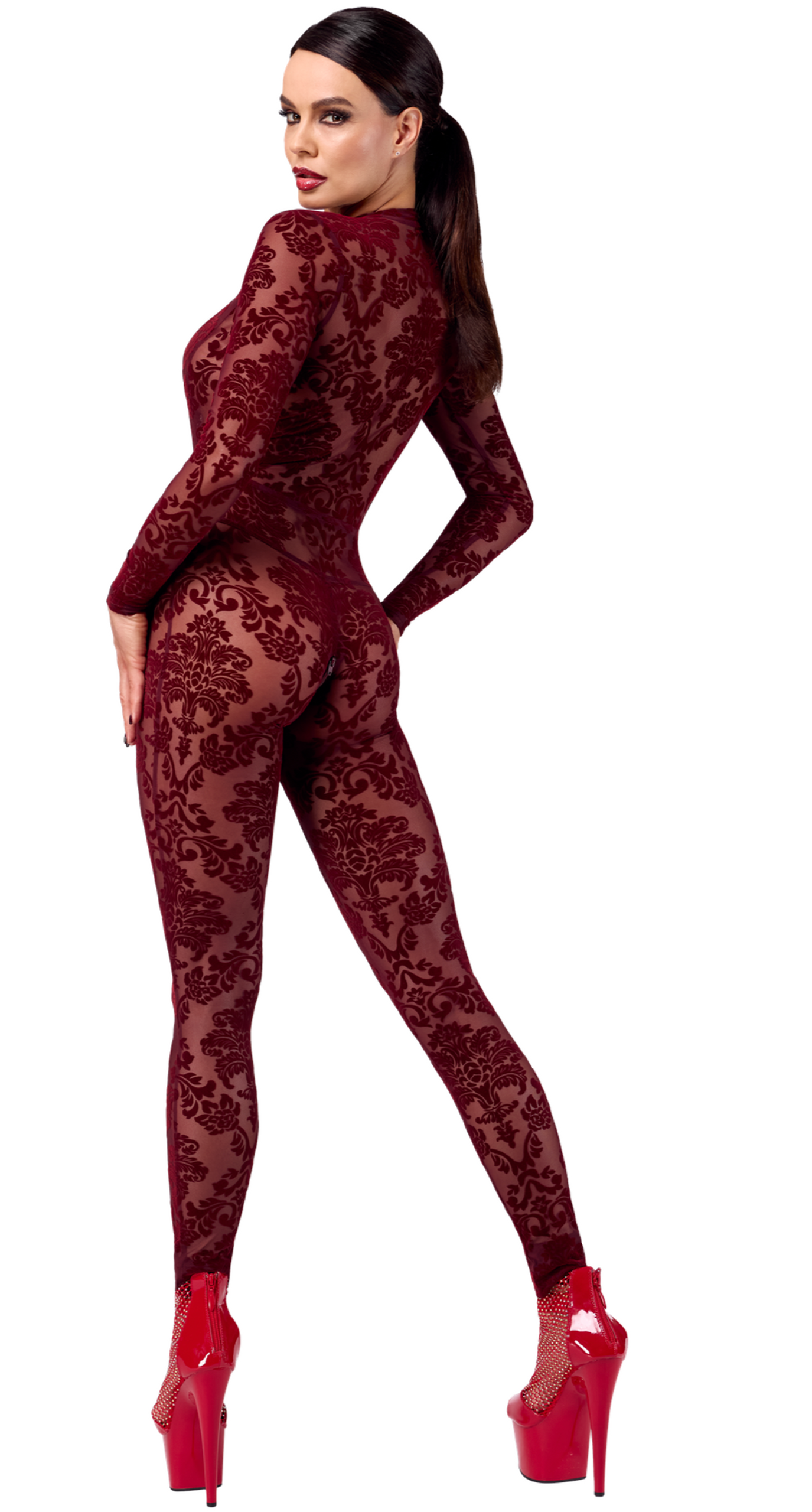 Kink Royal Burgundy Flocked Tule Jumpsuit – Pure Luxe en Sensuele Kracht