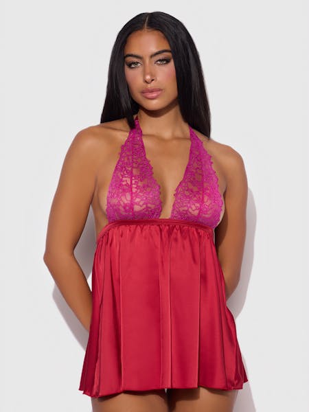 Jocelyn Babydoll – Satijnen  Set met kant en open rug