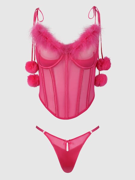 Marilyn Marabou Mesh Corset Set – Fuchsia, inclusief Plus size